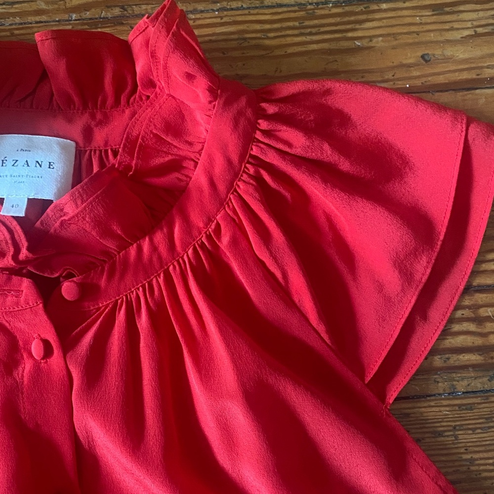 Sezane Silk Red Ruffled Button-Up Blouse - Picture 5 of 12